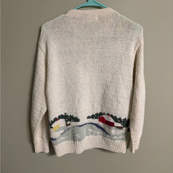 Vintage Orvis 3D Cardigan 90s Embroidered Snowy Town Village Sweater Size Medium - Picture 2 of 7